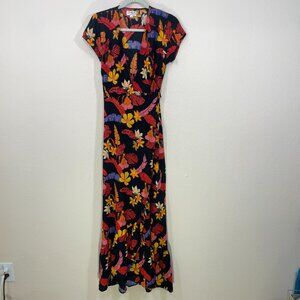 XIX Palms Hawaii Maxi Wrap Dress Size S Floral Long Rayon Short Sleeve Resort
